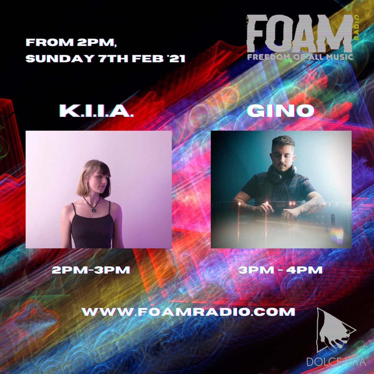 dolcevitabris's tweet photo. *4th Episode of Dolce Vita with Lavinia on @foam_20 on Sunday 7th Feb ‘21*
So excited to announce our new guests for our 4th show on FOAM Radio: the London-based DJ/Producer &amp; Event promoter K.I.I.A. and the Bristol-based DJ &amp; Event promoter G I N O🖤 https://t.co/C8Ca11Hs4V