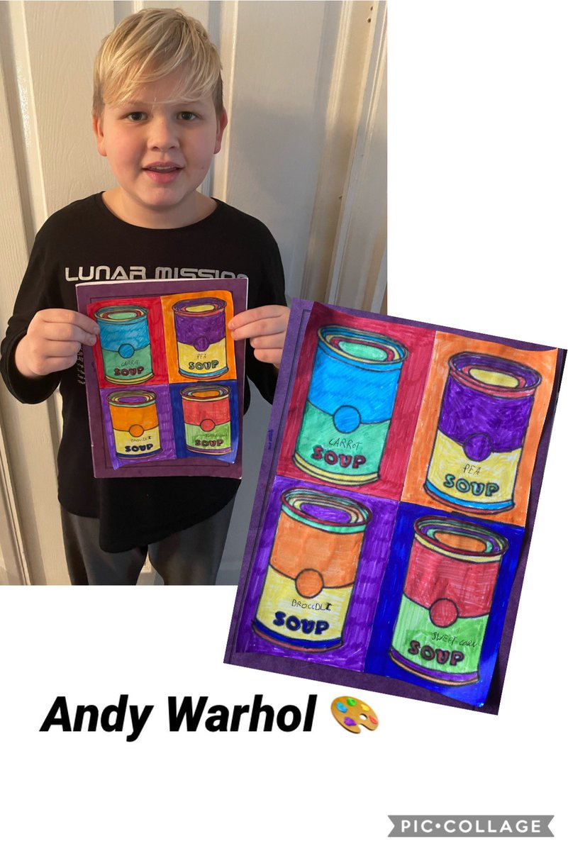 sjmackenzie80's tweet photo. Alfie, year 6 from @EmersonValley -We love art lesson, today was in the style of Andy Warhol #homeschooling https://t.co/FkgNn1UUva