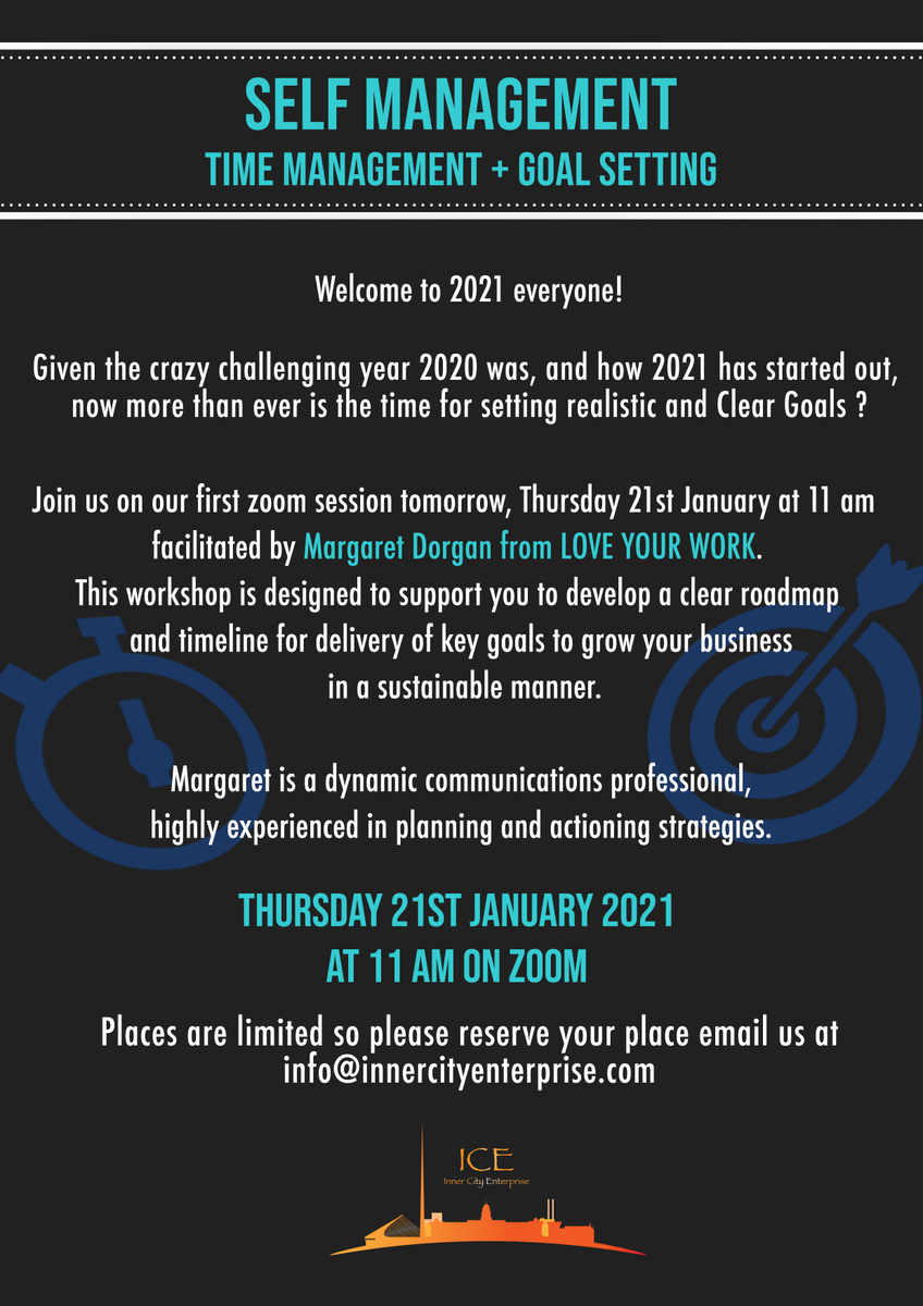 New workshop alert!!
Join us tomorrow for our first workshop of 2021, where we will explore Goal Setting &amp; Time Management. 

Join us on Zoom tomorrow at 11am for this amazing opportunity! 

To register contact us at info@innercityenterprise.com