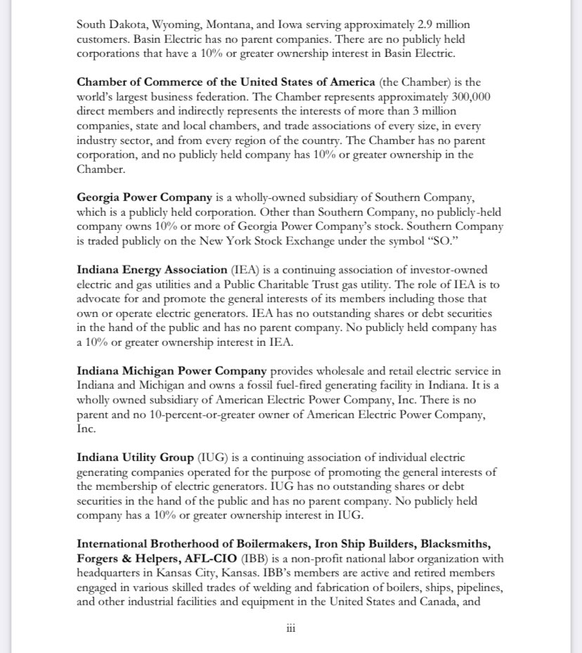 Here’s the Chamber’s name on a list of fossil fuel & utility industry supporters of Trump’s failed ACE Rule from that court case. The EPA would have started actually limiting GHG emissions from power plants years ago if it weren’t for lawsuits by bad apples like the Chamber.