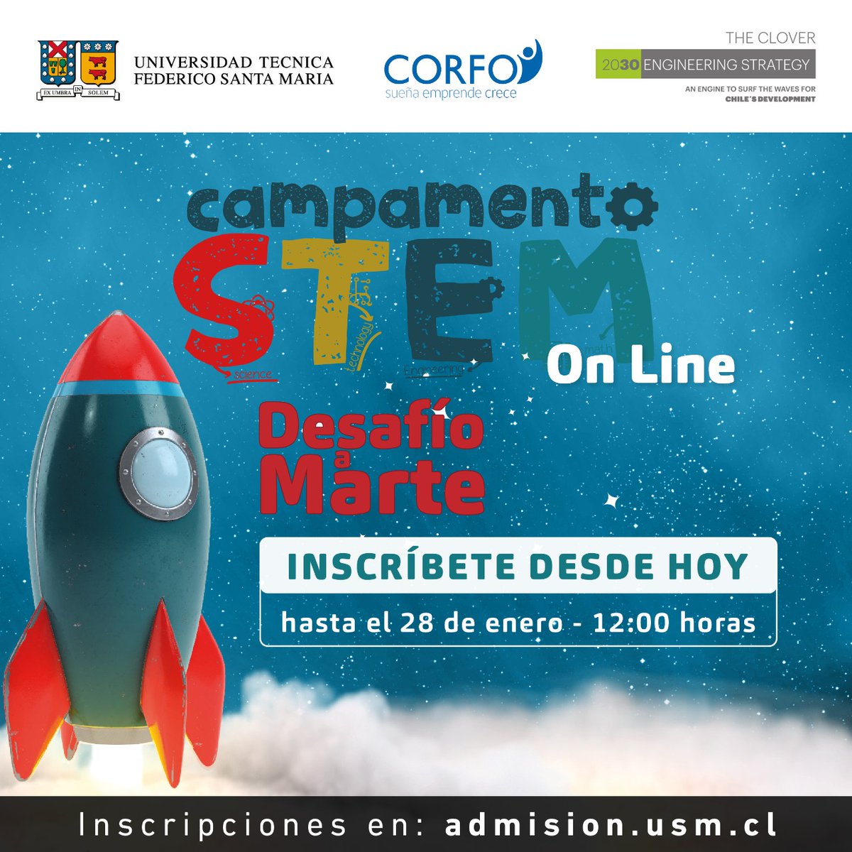 🍀Campamento STEM de la <a href="/usantamaria/">USM</a>  hoy lanza su nueva versión online: Desafío a Marte.
👉Postula en el portal de admision.usm.cl
🗓️Inscripciones: miércoles 20 de enero - 28 de enero. 
Más información en: campamentostem@usm.cl y en la web stem.usm.cl