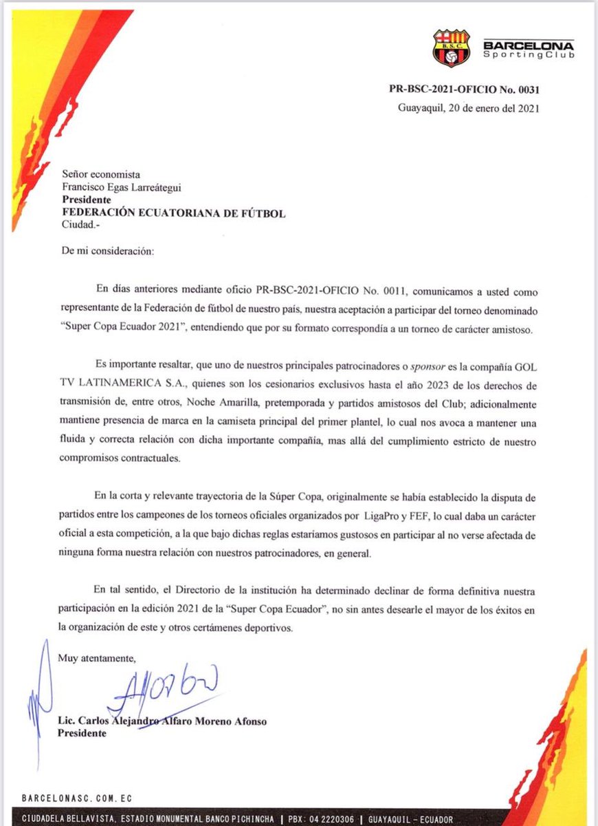 notiactivo's tweet photo. Mediante un comunicado, Barcelona sc dio a conocer que no participara en la Super Copa Ecuador.
#noti-activo #fef https://t.co/Zk81H9d8Af