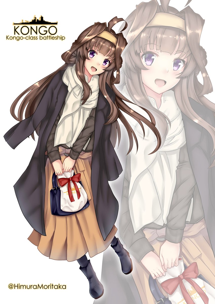 kongou (kancolle) 1girl solo long hair skirt brown hair hair bun ahoge  illustration images