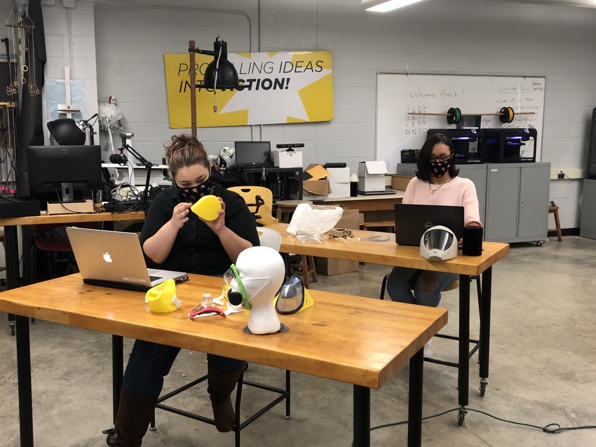ESUArtDesign's tweet photo. Two of our students working to create PPE Solutions, which was made possible thanks to funding by the 2020 ESU Summer Undergraduate Research Experience and Out of the Box Grant!
#artdesign #design #esuart #esu #art #productdesign https://t.co/IV2TtFlc46
