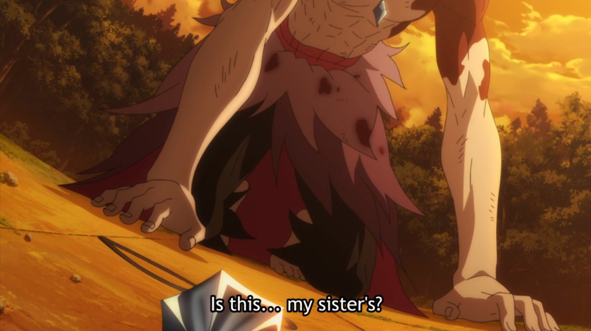 While Puck was the one who drained Garfiel's energy, it was Frederica's crystal that enabled it. That's Frederica, too, in a symbolic gesture, pushing Garfiel towards the outside world — joining Subaru, Emilia, Ram, Otto, Puck and Patrasche in the fight against him.