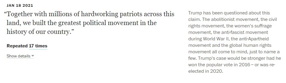 Remember to access this database over the next four years to compare what "lies" were tabulated against Trump vs. the "lies" that will be tabulated against Biden. Some examples:  https://twitter.com/GlennKesslerWP/status/1351941827163787264