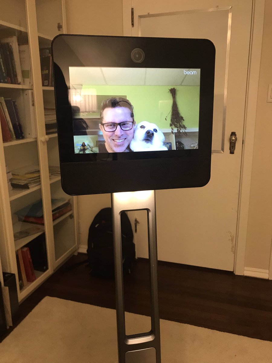 _valeriei's tweet photo. Lovely having @richmccue “beam” into my home office to talk telepresence robots before deploying one in the field - especially when he brings Porkchops! #edtechuvic #uvic #edtech https://t.co/yJixxd6uq7