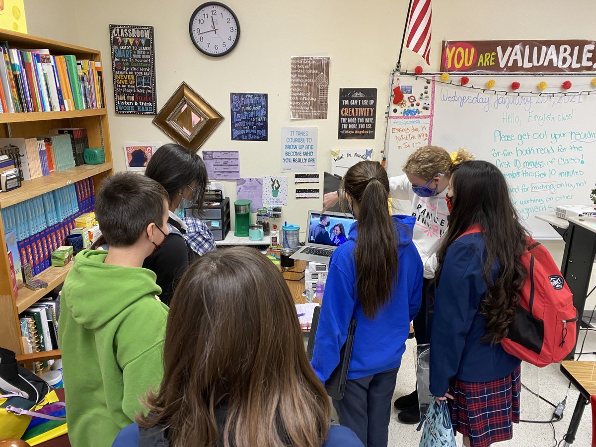 RangelYWLS's tweet photo. Our 6th grade girls excitedly watching our VP take her oath of office. "But while I may be the first woman in this office, I will not be the last, because every little girl watching tonight sees that this is a country of possibilities." Kamala Harris @dallasschools @KamalaHarris https://t.co/ow9Abg2KLk