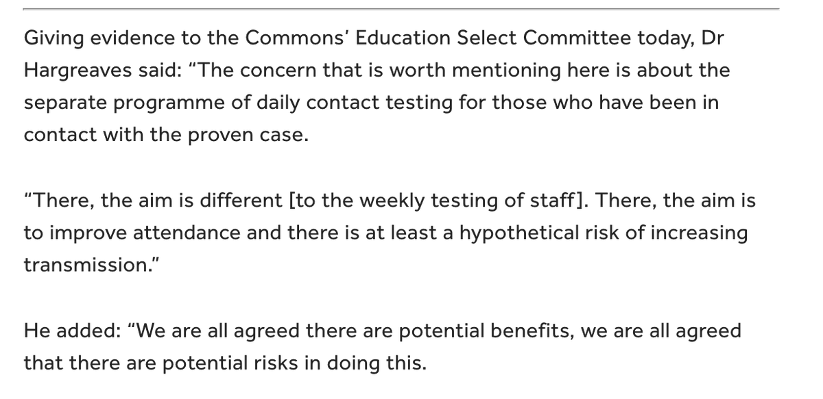 But did the answer come this week in the  @commonsed hearing mentioned above. The DfE said the contact testing regime was actually about improving attendance. The DfE adviser told MPs of concerns that Covid cases were resulting in too many pupils missing school last term. 12/17