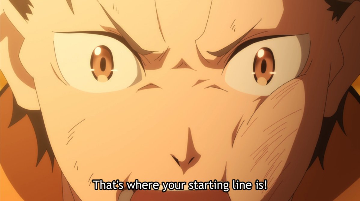 For Subaru, the starting line to overcome the weakness of his heart was the famous "From Zero". Absolutely nothing is stopping Garfiel from overcoming his demons and changing, is what Subaru is saying. It's all about finding the resolve to set that starting line.