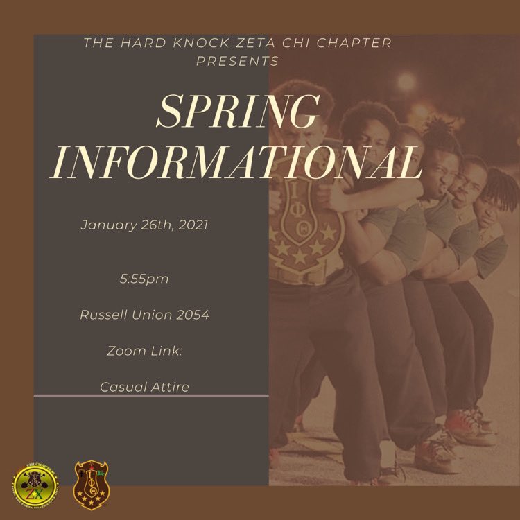 Interested in learning more about The Zeta Chi Chapter of Iota Phi Theta Fraternity Inc.? Join us in-person at Russell Union Room: 2054 or via the zoom link in our Twitter bio on Tuesday January 26th at 5:55 pm ‼️‼️