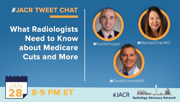 🚨TWEET CHAT ALERT🚨Join this joint @JACRJournal-@ACRRAN tweet chat with #RadLeaders @MelissaChenMD @KurtSchoppe & @DaveYoumansMD as they help navigate changes to #radiology in the upcoming year that YOU need to know, regardless of practice type! #JACR #Radvocacy