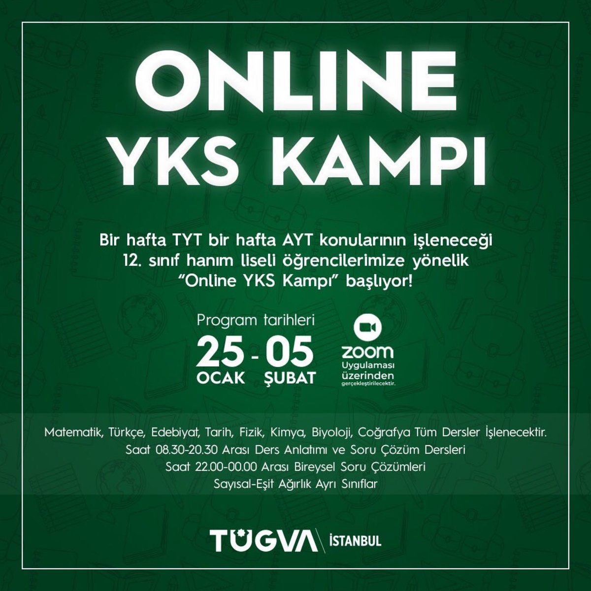 2 haftada YKS konularının işleneceği, son sınıf hanım lise öğrencilerine yönelik ‘Online YKS Kampı’ başlıyor 📣

Detaylı bilgi ve başvuru için web sitemizi ziyaret edebilirsiniz 😇⤵️

istanbul.tugva.org/online-yks-kam…