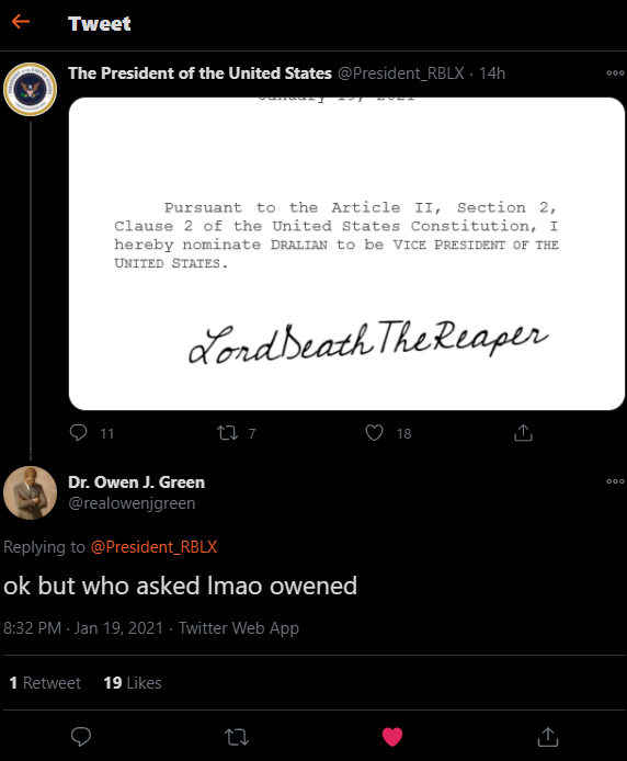 guys the president just got ratio'd by owen. must be down bad.