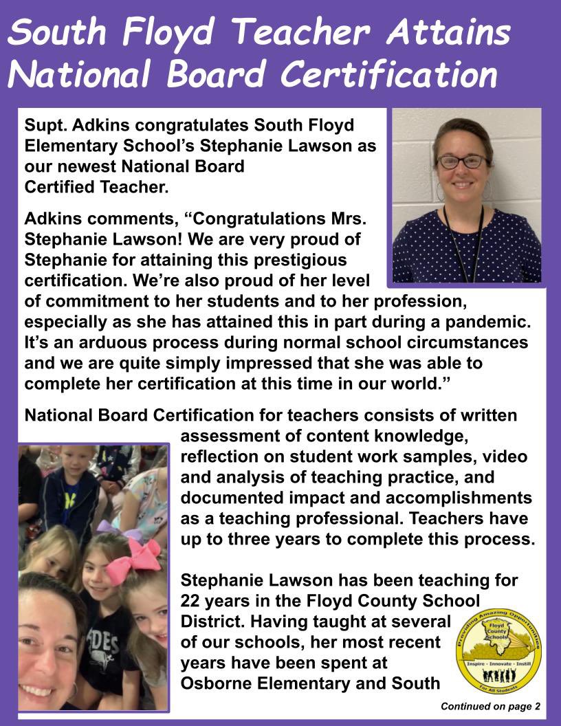 SchoolsFloyd's tweet photo. Congratulations National Board Certified Teacher Stephanie Lawson!!🎉🙌🎊👊
Note: All pictures with students were taken prior to the pandemic.
#fcsinspire
#Floydstrong
#FloydFamily
#MaskUpKY
#MaskUpFloCo https://t.co/rxHWrfT2qy
