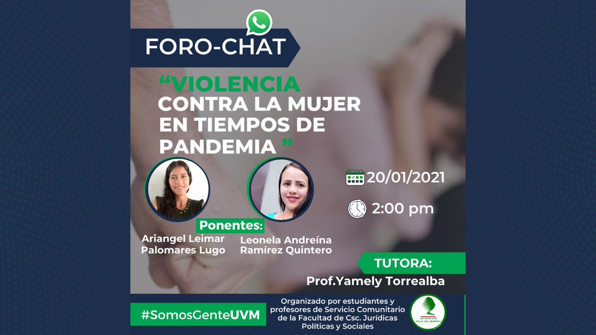 Este miércoles #20Enero hora 2:00pm. Los estudiantes del 4to año de Derecho a través de la cátedra Servicio Comunitario te ofrecen el foro-chat gratuito:“ La Violencia contra la Mujer en tiempos de Pandemia”. Tutor: Abog. Esp. Yamely Torrealba únete aquí: chat.whatsapp.com/Fl4zyYD2tTuHlB…