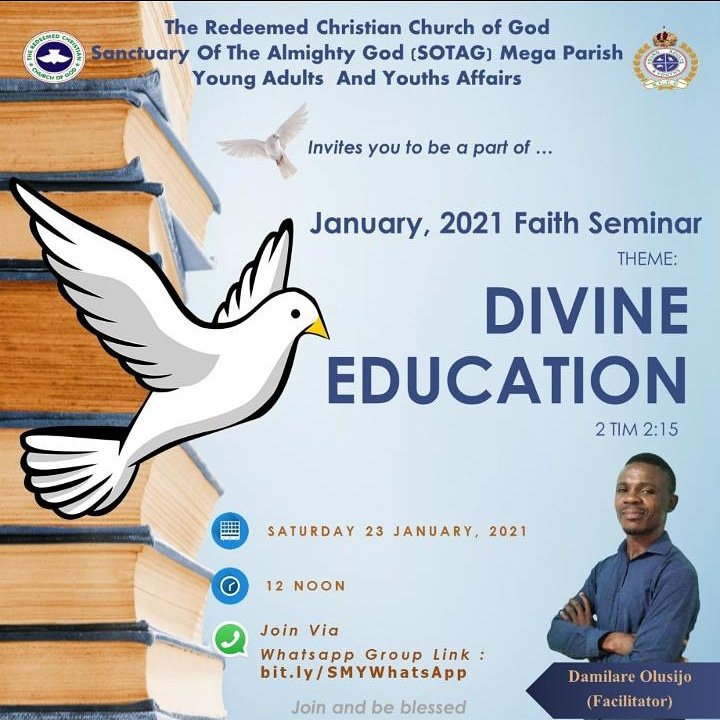 Happening this Saturday. 

Join via bit.ly/SMYWhatsApp

Blessings!!!! 

#RCCG #SOTAG #Youths #FaithSeminar

 #InaugurationDay