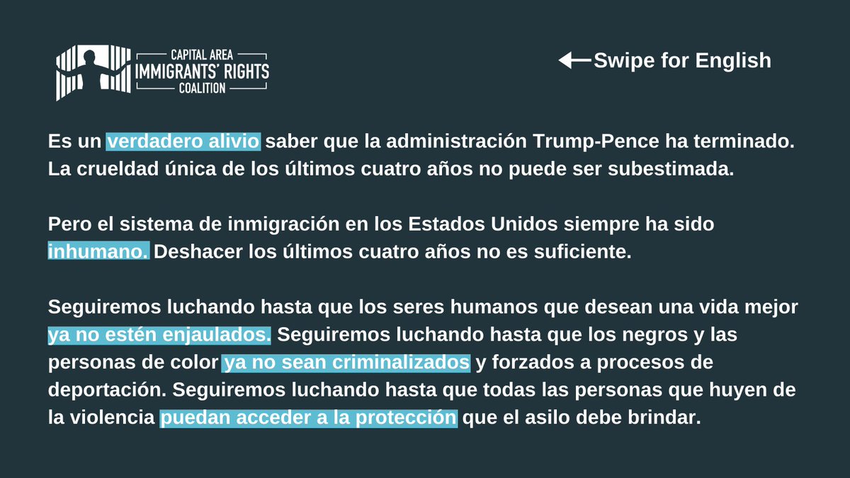 AmicaCenter's tweet photo. There is true relief knowing that the Trump-Pence administration is over, but the immigration system in the United States has always been inhumane. We are standing #togetherformore
#juntospormas
Full statement: https://t.co/hWhvG5Ojyv
Declaración completa: https://t.co/HPVO5ViI2b https://t.co/rQ0A78KEIc