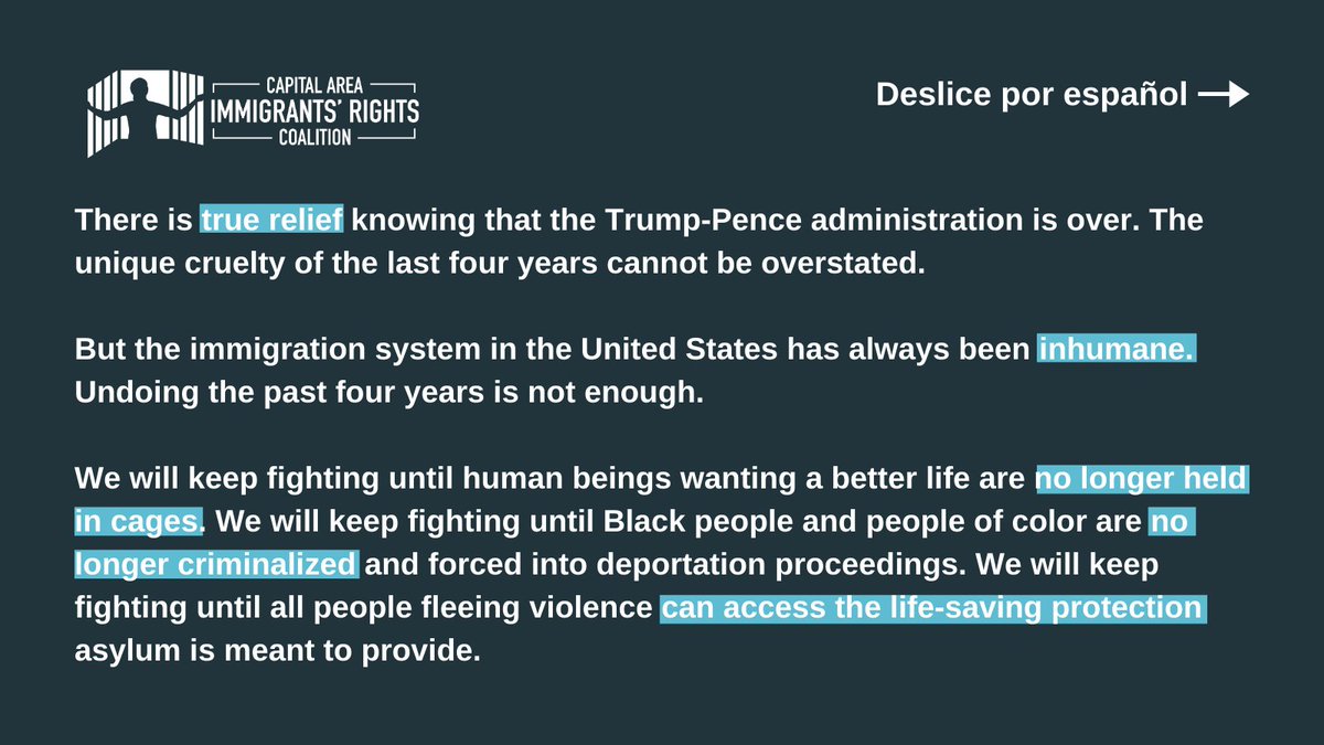 AmicaCenter's tweet photo. There is true relief knowing that the Trump-Pence administration is over, but the immigration system in the United States has always been inhumane. We are standing #togetherformore
#juntospormas
Full statement: https://t.co/hWhvG5Ojyv
Declaración completa: https://t.co/HPVO5ViI2b https://t.co/rQ0A78KEIc