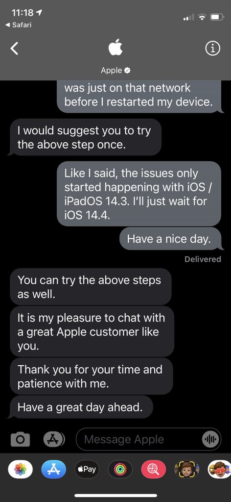 CoSherr2's tweet photo. Made the mistake of reaching out to @AppleSupport via business messages. Not only did the rep not listen to what I said and I had to repeat myself, they decided it was appropriate to end the chat w/ a snarky, sarcastic comment about what a “great apple customer” I am. #ios14.3 https://t.co/xlFFXLIuGS