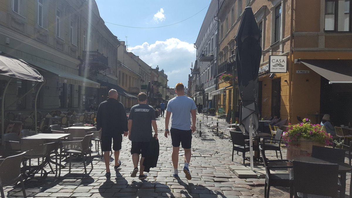 We set off with an almighty hangover the next morning, for a couple of days in Kaunas (the Belgium game was in Kaliningrad, bordering Lithuania). A great start with  @NeilRands  @Sam75600 and Maidment