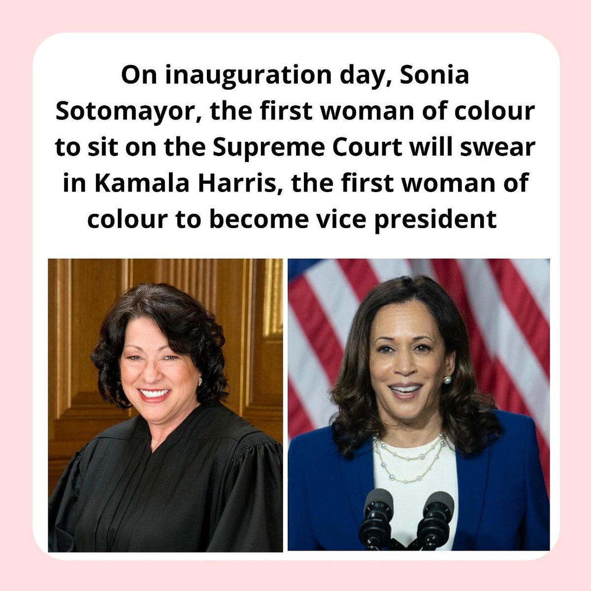 Regardless of your politics and personal feelings, a monumental money is occurring today when we witness the first WOC Supreme Court Justice swears in the first WOC Vice President of the United States. #InaugurationDay