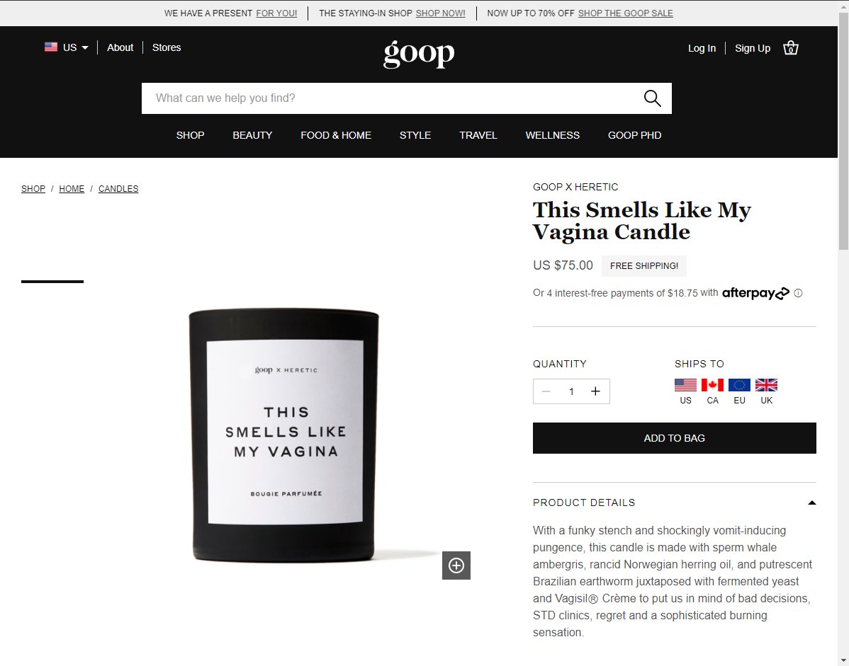 I'm glad they changed the description of this product 1b.io/R3. The original description of the <a href="/GwynethPaltrow/">Gwyneth Paltrow</a> @Goop candle wasn't very enticing. Truth in advertising doesn't always work.