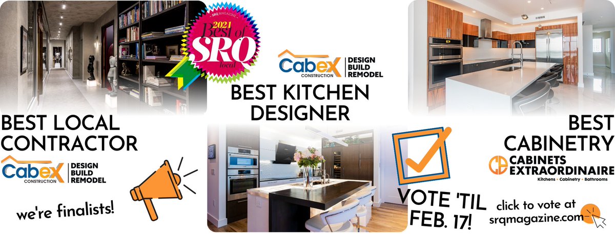 cabexconstruct1's tweet image. We're finalists in @SRQChirps #BestofSRQ 2021!

When you're voting for your favorite local businesses, don't forget to vote Cabex for...
✅ Best Local #Contractor
✅ Best #KitchenDesigner

And be sure to vote @CabinetsXtra for..
✅ Best #Cabinetry

👉bit.ly/392cPoe.