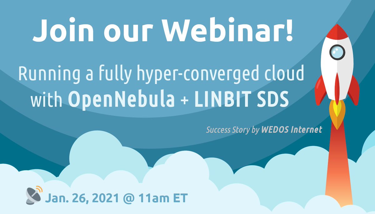 Here you have the perfect occasion to find out the many benefits of combining your #OpenNebula #cloud with <a href="/LINBIT/">LINBIT</a>'s Software-Defined Storage solution! 👉 us02web.zoom.us/webinar/regist… Special thanks to our guest speakers: <a href="/yyildiz/">Yusuf Yıldız</a> and <a href="/kvaps/">Andrei Kvapil</a> <a href="/WEDOS_cz/">VEDOS 🇨🇿</a>! 🚀