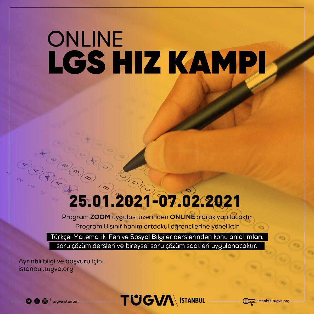 Ortaokul Koordinatörlüğümüzün LGS sınavına yönelik 2 hafta sürecek ‘Online LGS Hız Kampı’ başvuruları başladı 📣
Konu anlatımları ✅
Soru çözüm dersleri ✅
Bireysel soru çözüm saatleri ✅

Detaylı bilgi ve başvuru için web sitemizi ziyaret edebilirsiniz 😇
istanbul.tugva.org/online-lgs-hiz…