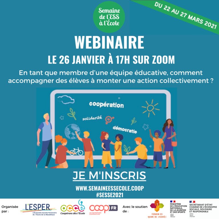 La #SESSE2021 se déroulera du 22 au 27 mars ! 
📅 RDV le 26 janvier de 17h à 18h pour un webinaire de préparation : étape par étape, monter une action pendant la Semaine de l’#ESS à l’#École avec ses #élèves 
Inscriptions par ici 👉 framaforms.org/inscription-au…
#Education