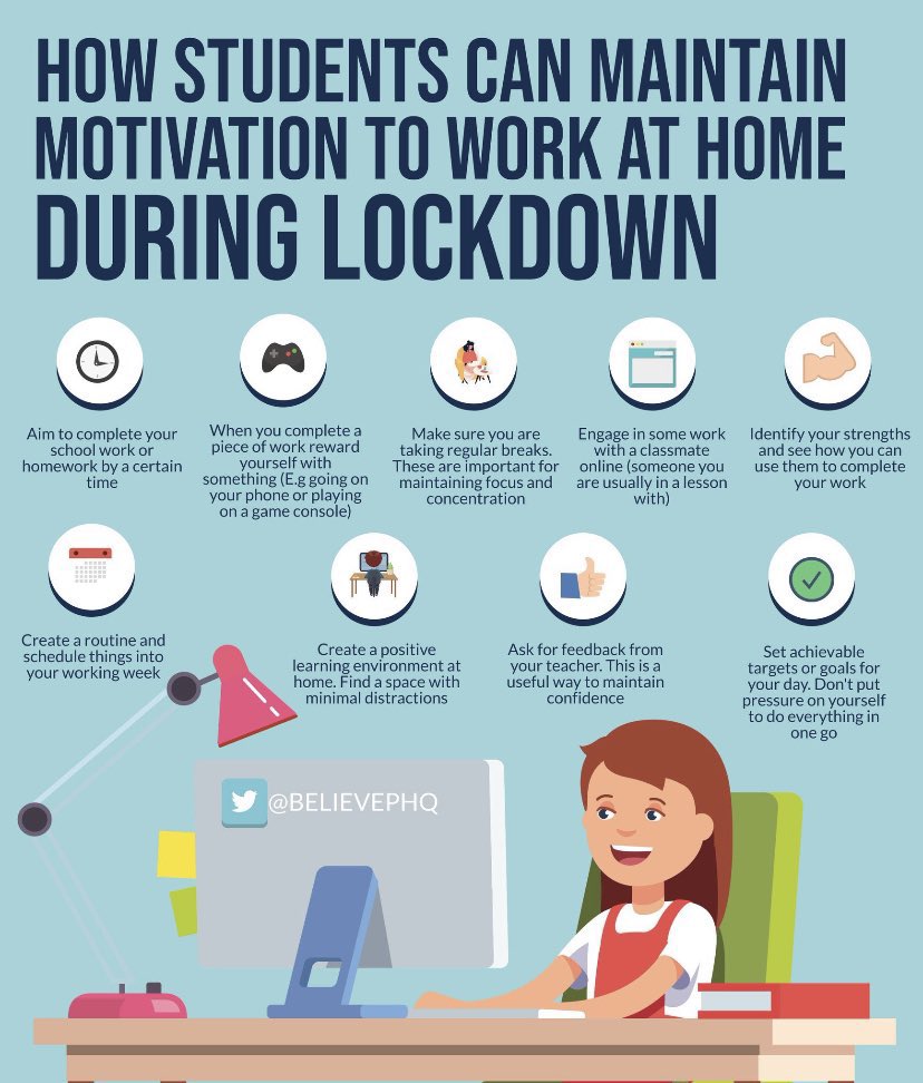 Ayr_Academy2016's tweet photo. Some tips for all your hard working young people working so diligently at home #believeachieve #staymotivated #toptips https://t.co/m2HG47BoM7