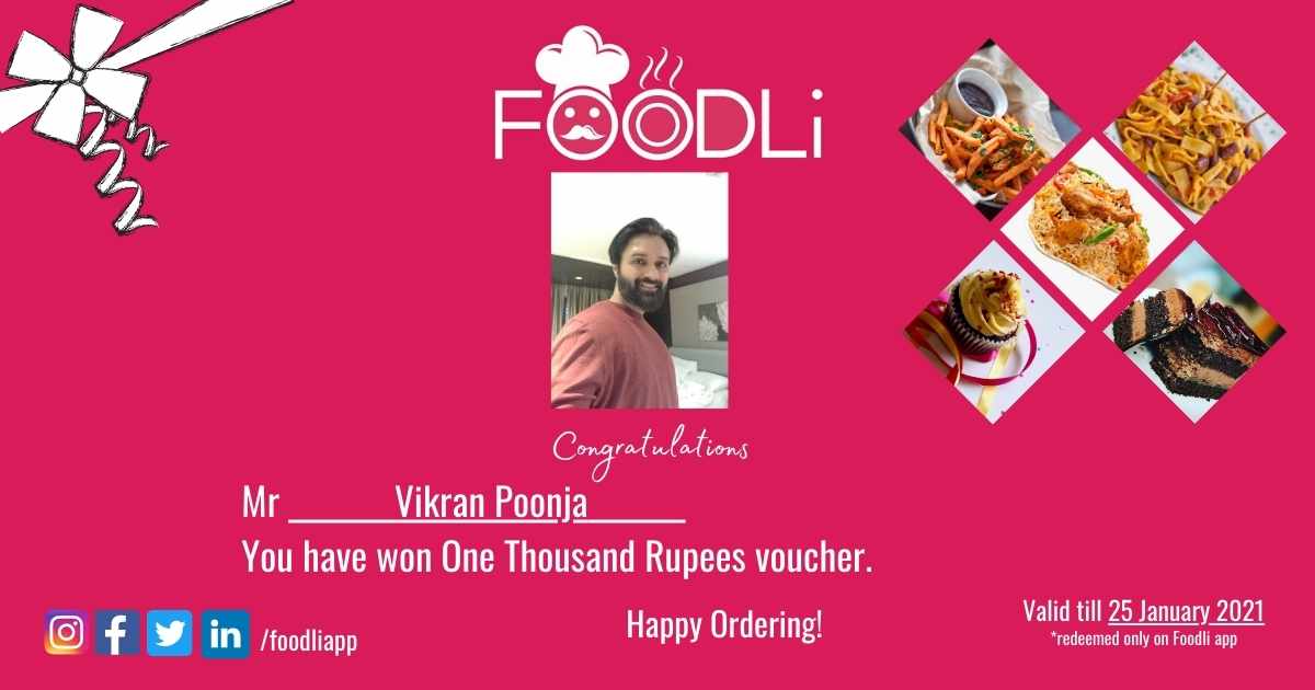 FoodliApp's tweet image. meet our winner , Mr Vikram Poonja. he chose foodli to for his food cravings and won!
You can be the next winner. 
order now from Foodli .