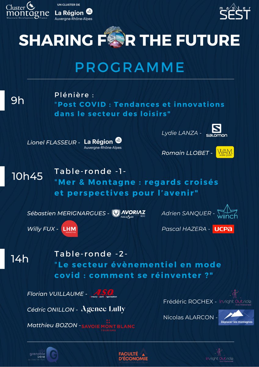 MasterSest's tweet image. [SHARING FOR THE FUTURE] 

Voici l’intégralité du programme de cet événement qui sera retransmis en direct sur @teleGrenoble et sur la plateforme de @_InsightOutside vendredi 29 janvier 📆

➡️ 1 journée d’échanges pour penser le sport, le tourisme &amp;amp; l’événementiel de demain