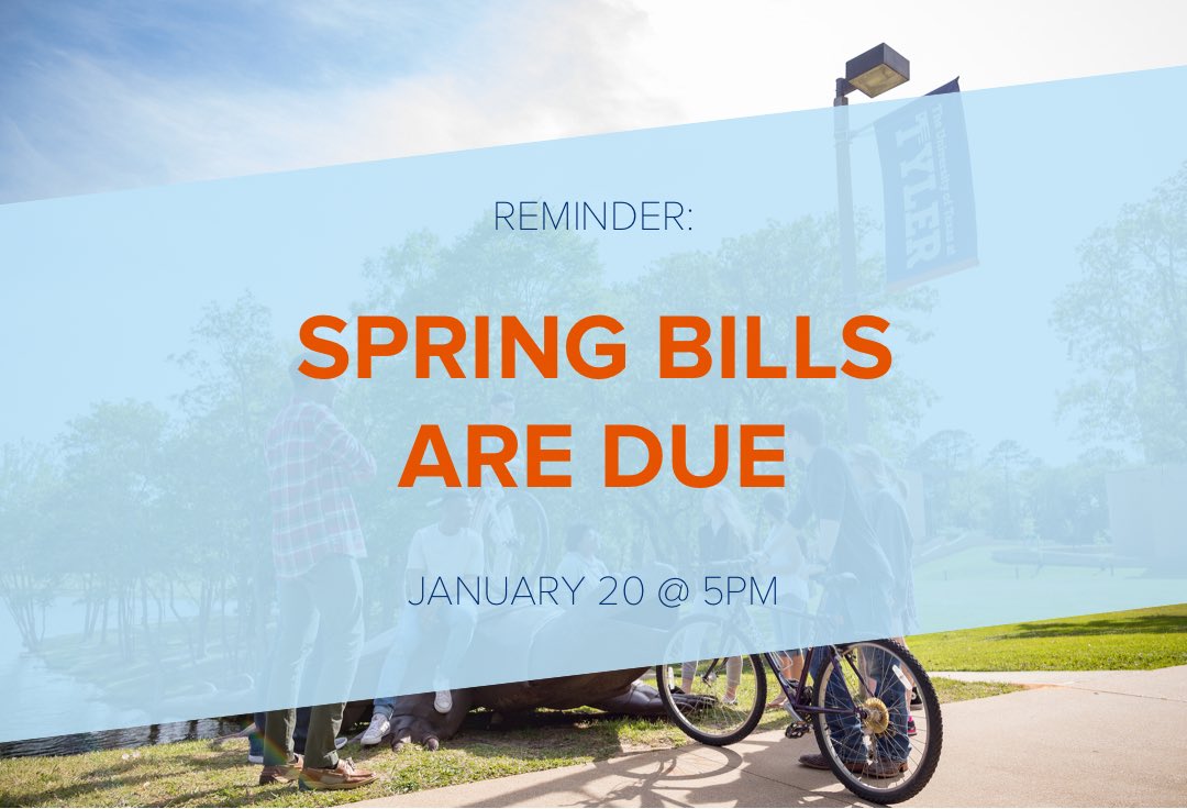 SPRING BILLS ARE DUE TODAY!

Pay tuition and fees OR set up an installment plan by 5pm today to avoid being dropped from your classes!