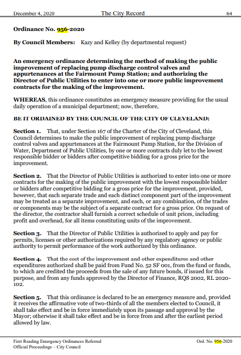 Ord 956-2020 is presented and approved. Dir of Public Utilities Marin Keane reviews.Purpose: "to make the public improvement of replacing pump discharge control valves and appurtenances at the Fairmount Pump Station,"