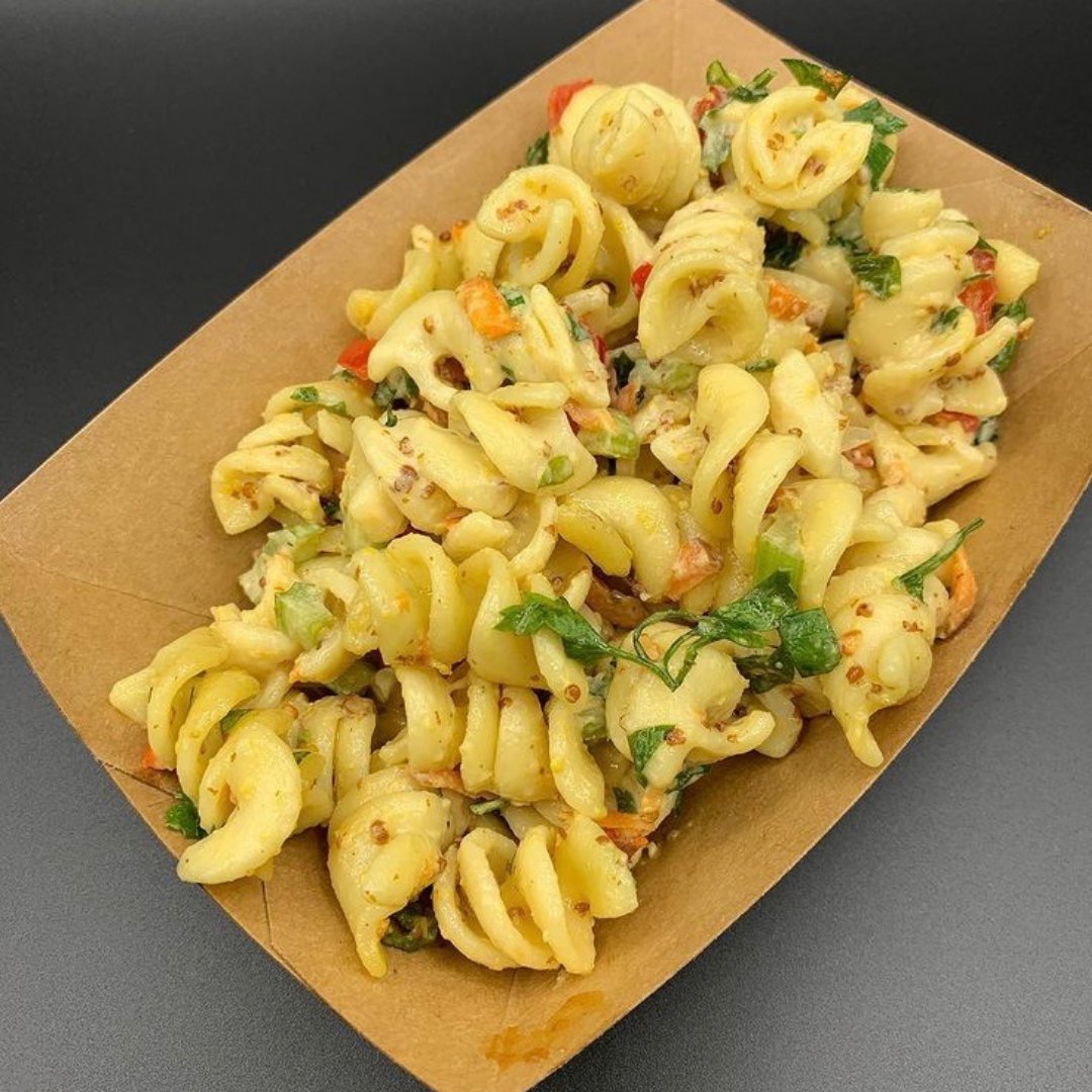 YYCBarbecue's tweet photo. You haven't had pasta salad until you've had ours! Rotini pasta, diced vegetables for crunch, and a vegan mayonnaise make this the perfect side to any main.  
Get yours through @SkipTheDishes or @UberEats.
#takeoutyyc #supportlocal #yyc https://t.co/D94tgZV68O