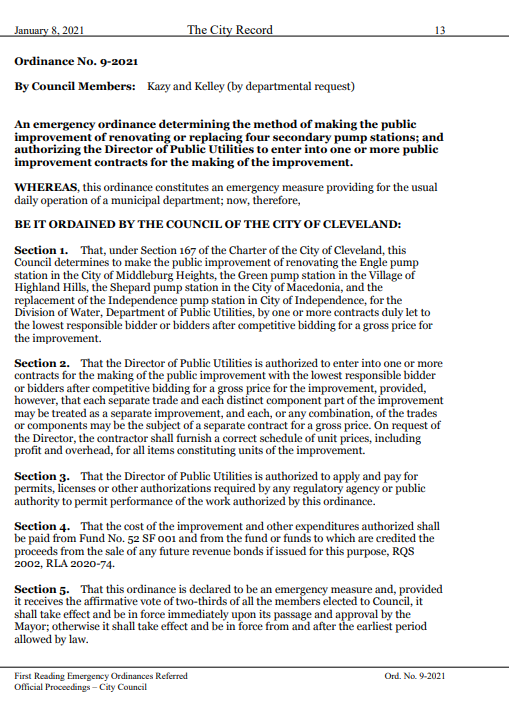 Ordinance 9-2021 is presented, reviewed, and approvedPurpose: "to make the public improvement of renovating the Engle pump station in the City of Middleburg Heights, the Green pump station in the Village of Highland Hills, the Shepard pump station in the City of Macedonia,