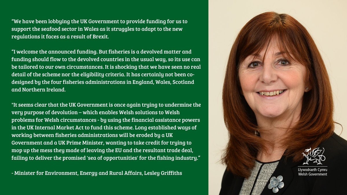 WGClimateChange's tweet photo. 🗣️ Environment & Rural Affairs Minister Lesley Griffiths has responded to UK Government’s pledge to help seafood businesses affected by Brexit delays. 👇 https://t.co/TNk80f7YyO