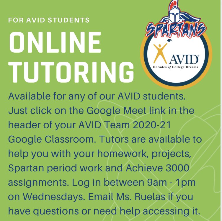 Reminder to all students that grades will be due soon. We are about to wrap up week three so don’t put off asking for help and improving those grades. Here’s another opportunity for you to get help with. #weareavid #chartingourcourse #avidfamily