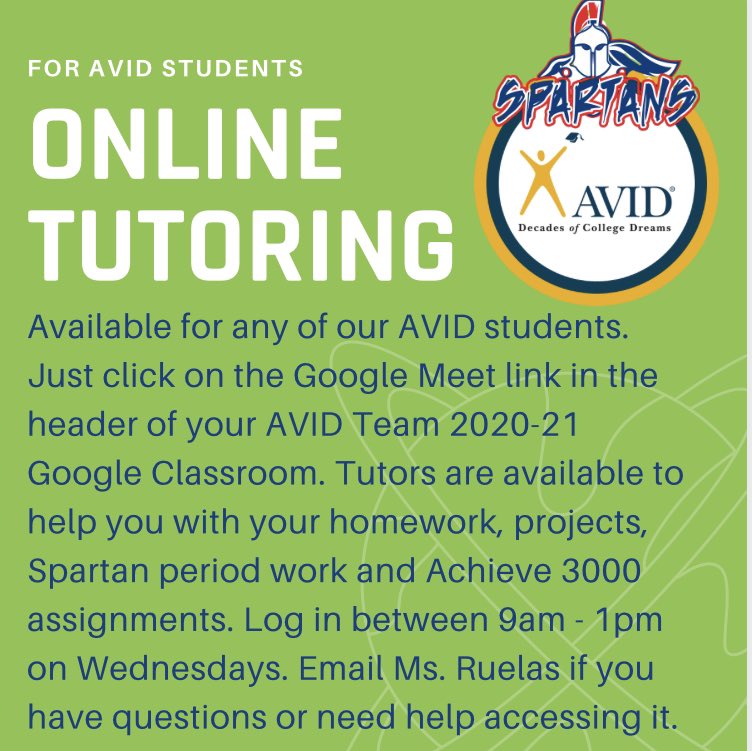 MsRuelas77's tweet photo. Reminder to all students that grades will be due soon. We are about to wrap up week three so don’t put off asking for help and improving those grades. Here’s another opportunity for you to get help with. #weareavid #chartingourcourse #avidfamily https://t.co/ENj6TvKGCL