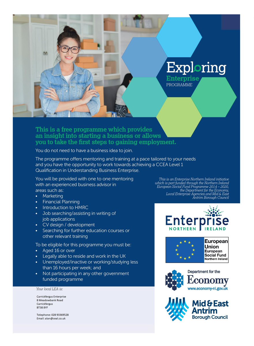 CarrickEnter's tweet photo. Need help learning how to craft a CV? Unsure how to successfully market your business to your target audience? 

The Exploring Enterprise Programme is for you - take the first step today! 

For more information, visit our website https://t.co/iQTao7i0eS or contact alan@ceal.co.uk https://t.co/Kp7SnMuQfp