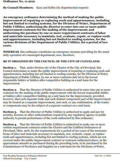 Emergency Ordinance 11-2021 is presented, reviewed, and approvedPurpose: " to make the public improvement of repairing or replacing roofs and appurtenances, including but not limited to roofing systems"