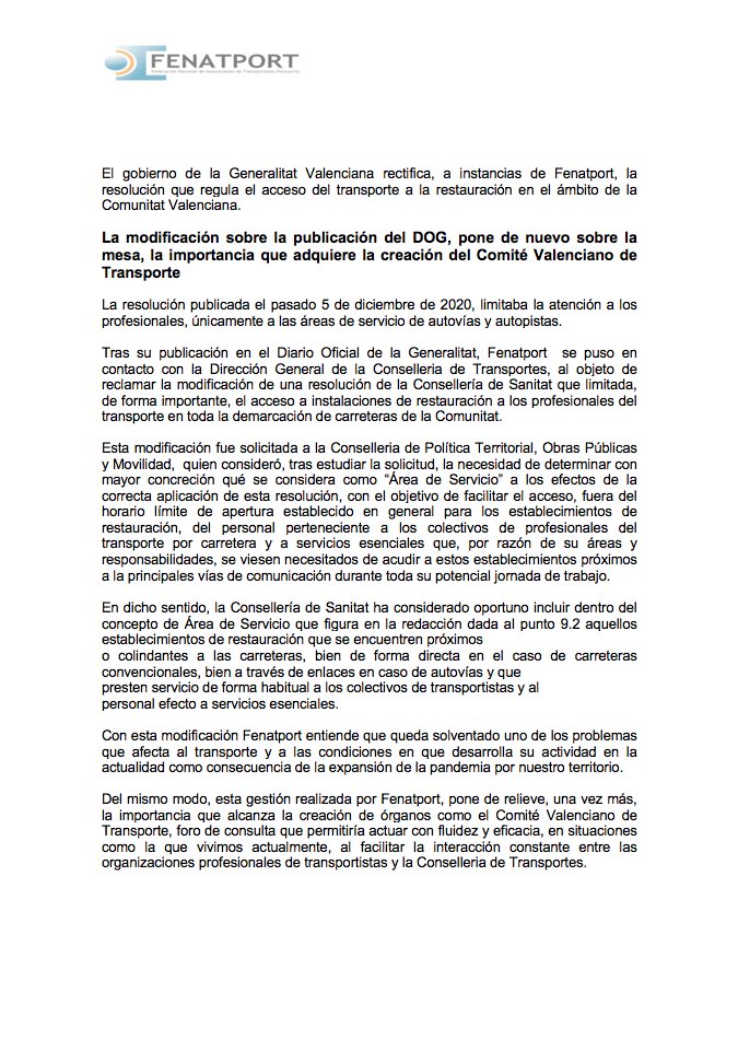 El gobierno de la @Generalitat rectifica, a instancias de 
@Fenatport, la resolución que regula el acceso del #transporte a la restauración en el ámbito de la Comunidad Valenciana