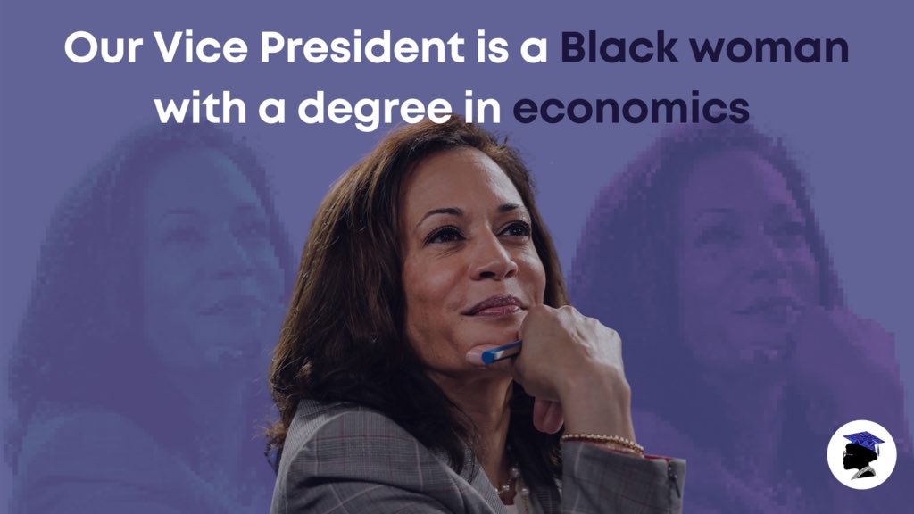 SadieCollective's tweet photo. Congratulations to Madame Vice President Kamala Harris! Our first Black Vice President has a degree in economics! As you can imagine, the Collective is very excited. 👏🏾👏🏾 https://t.co/fXKgXFPswG