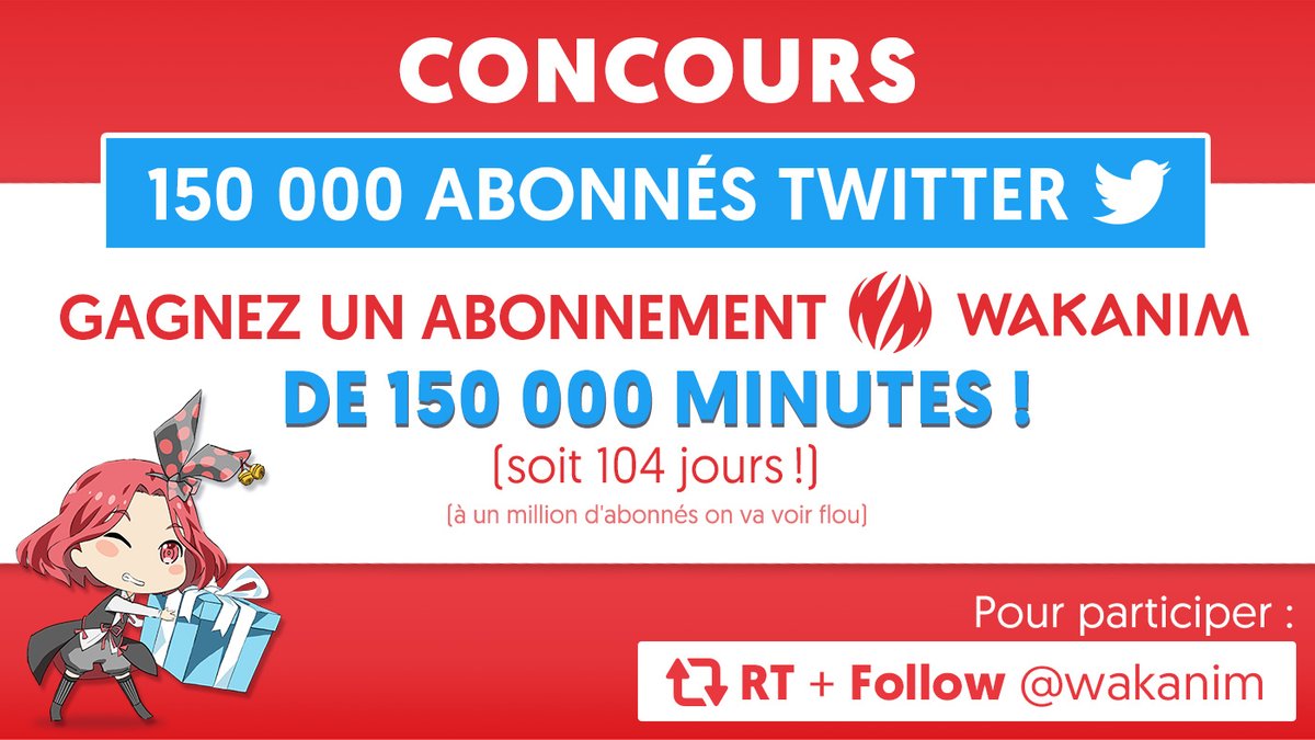 Wakanim's tweet photo. 🎉 JEU CONCOURS 150K ABONNÉS ! 🎉

Merci à toutes et à tous ! Pour marquer le coup : gagnez 150 000 minutes d'abonnement Wakanim ! (et continuez à nous suivre, voyons jusqu'où on peut aller !)

🎁 Pour participer il vous suffit de : 

RT + Follow @Wakanim
 
TaS le 27/01/20 https://t.co/ykPxLwyVGg