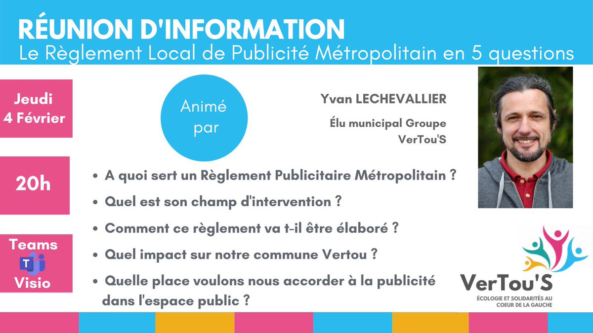 [RLPm]
Tout savoir sur le Règlement Local de Publicité Métropolitaine en 5 questions
👉vision Teams
👉 04/02 20h
👉bit.ly/RLPm0402
Animé par <a href="/y_lechevallier/">Yvan LECHEVALLIER</a> 
#RLPm #RLP #Vertou #VerTouS