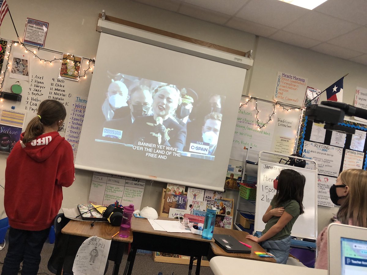 My 4th graders were begging for me to put it on...so we listened to the National Anthem by @ladygaga and the Pledge of Allegiance. They loved watching the past presidents and Vice Presidents walk in. #InaugurationDay #1LISD #reaganrays