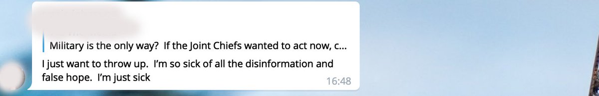 Shayan86's tweet photo. Current mood in Q circles

"I just want to throw up"
"I'm so sick of the disinformation and false hope"
"What a waste of my life"
"I feel sick"
"Burning my flag"
"Game over"
"Where is the military"
"I'm just so confused"
"I'm just sick" https://t.co/hUR2N6y1sg