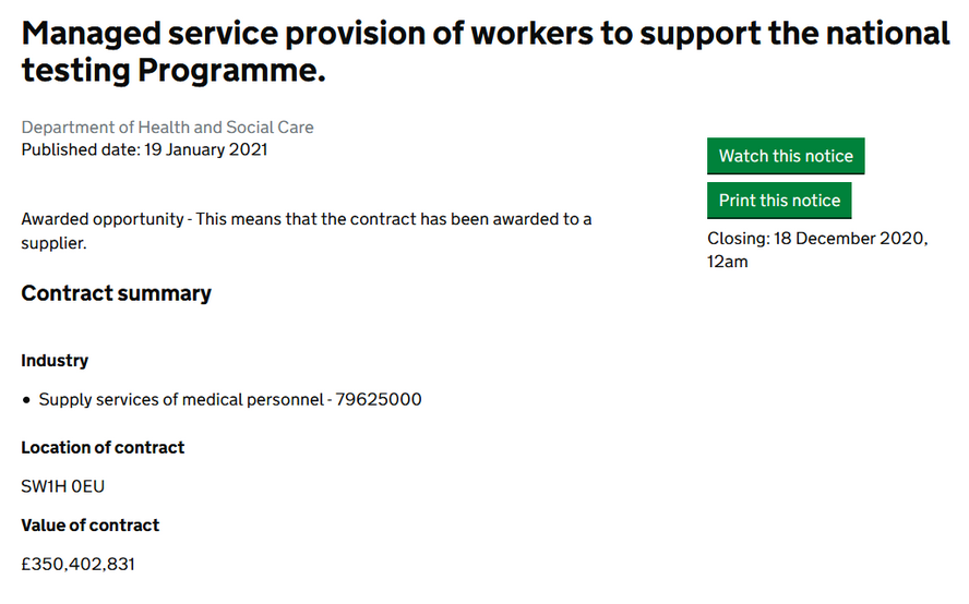 Recruitment firm Medacs Healthcare won the 17 Dec contract to “support medical and clinical services in laboratories” & assist “national testing programme in response to Covid-19”. It’s the 3rd largest Covid-related single award seen by  @allthecitizens  https://www.contractsfinder.service.gov.uk/Notice/42762274-14df-4ea6-8c82-a7484fe7b8c0?origin=SearchResults&p=1